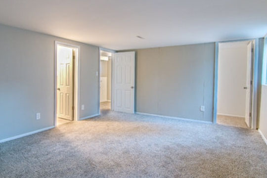 An empty basement room with three doors